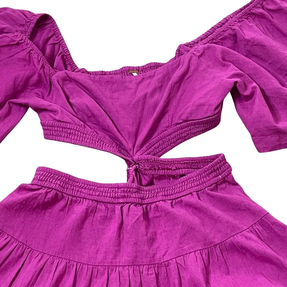 Free People Magenta Purple Cutout Puff Sleeve Tiered Mini Dress Womens Medium‎